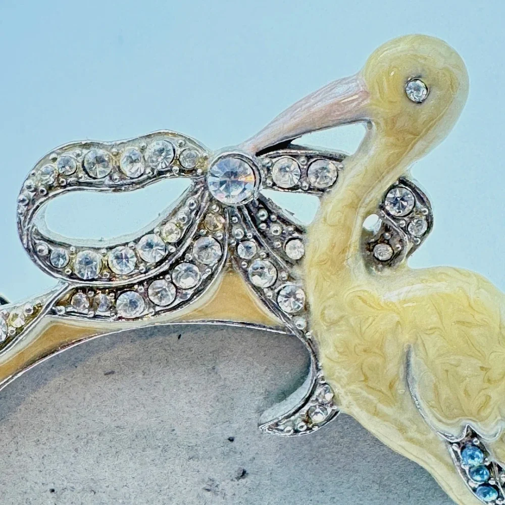 Mother's Day Vintage Jeweled Crane Picture Frame Enamel Rhinestone Tabletop Bird